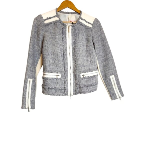Rebecca Taylor Leather Tweed Jacket Shark Blue Grey White S - Picture 10 of 10